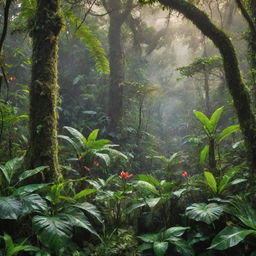 A vibrant, detailed image of a lush jungle, complete with diverse wildlife and towering trees dampened by morning dew.