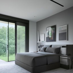 A modern, masculine bedroom that also includes a functional work office. The room balances comfort and productivity, with a king-size bed, slick office desk, ergonomic chair, and contemporary art on cool-toned walls.