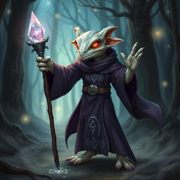 An albino kobold sorcerer with glowing red eyes, wearing a flowing dark purple robe adorned with silver arcane symbols