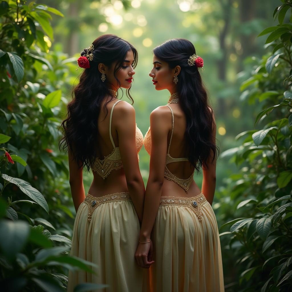 Two beautiful and alluring women in a lush, vibrant jungle