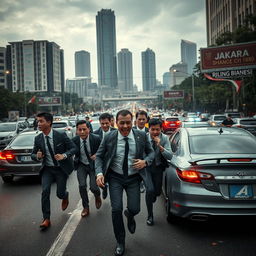 A chaotic urban scene depicting a bustling highway in Jakarta filled with traffic jams and flashing emergency lights