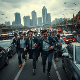 A chaotic urban scene depicting a bustling highway in Jakarta filled with traffic jams and flashing emergency lights