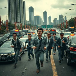 A chaotic urban scene depicting a bustling highway in Jakarta filled with traffic jams and flashing emergency lights