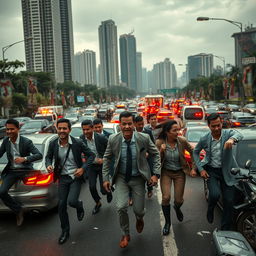 A chaotic urban scene depicting a bustling highway in Jakarta filled with traffic jams and flashing emergency lights