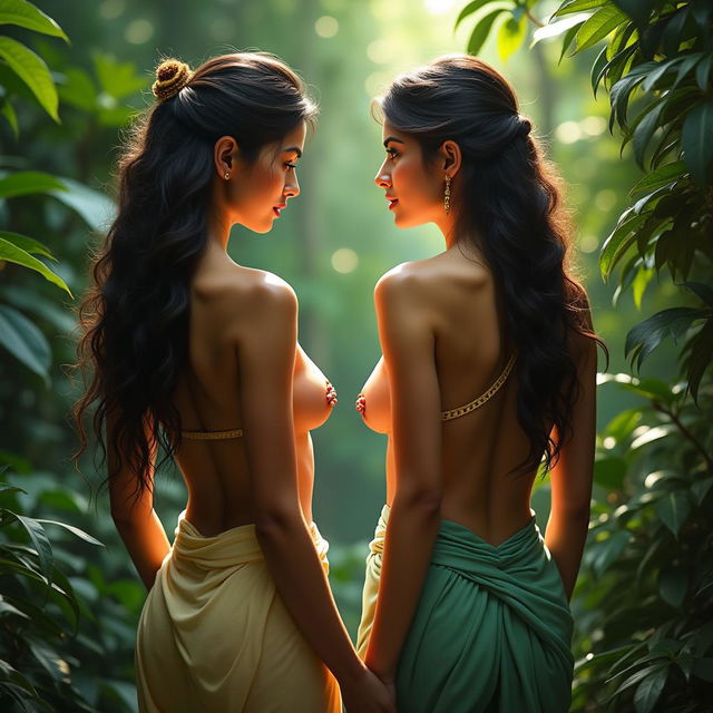 Two stunning women in a lush, exotic jungle setting