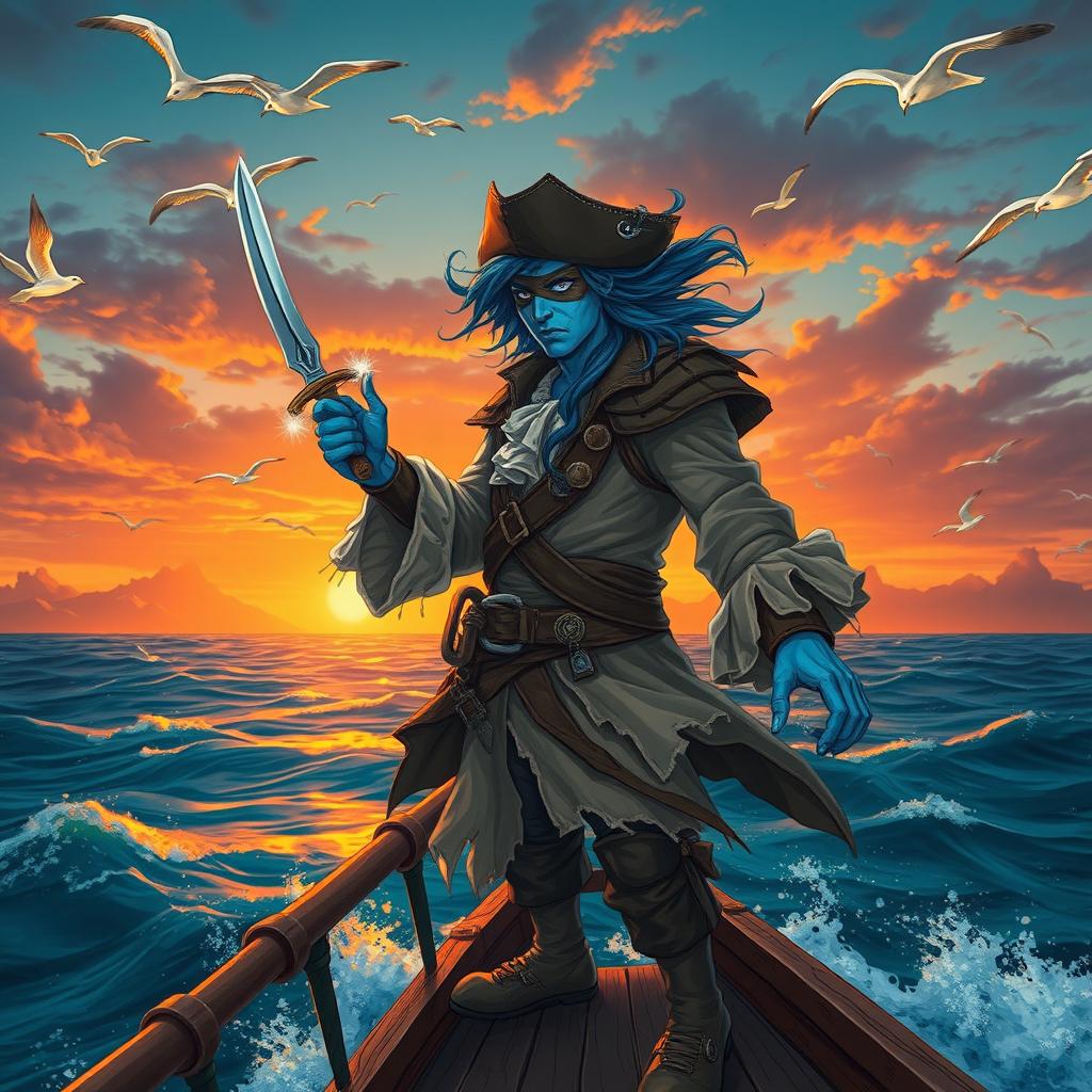 A dynamic and adventurous Air Genasi pirate characterized by air-element features, outfitted in tattered pirate clothes that billow dramatically in the wind