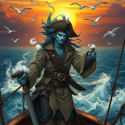 A dynamic and adventurous Air Genasi pirate characterized by air-element features, outfitted in tattered pirate clothes that billow dramatically in the wind