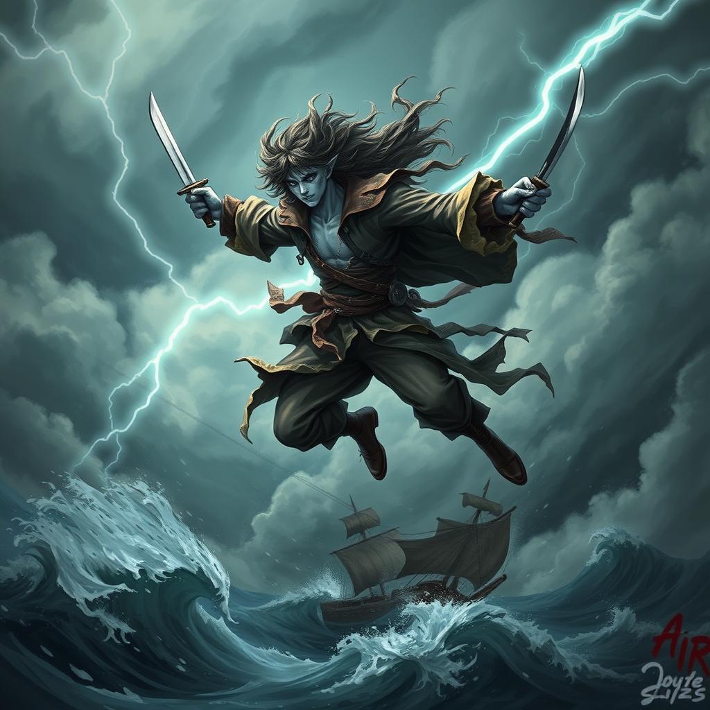 A striking male Air Genasi pirate soaring through a tumultuous storm in the sky, embodying the essence of wind and adventure