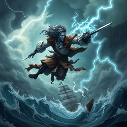 A striking male Air Genasi pirate soaring through a tumultuous storm in the sky, embodying the essence of wind and adventure