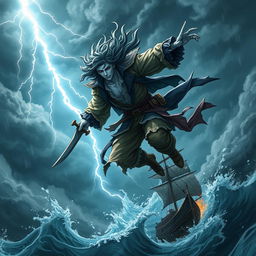 A striking male Air Genasi pirate soaring through a tumultuous storm in the sky, embodying the essence of wind and adventure