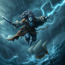 A striking male Air Genasi pirate soaring through a tumultuous storm in the sky, embodying the essence of wind and adventure