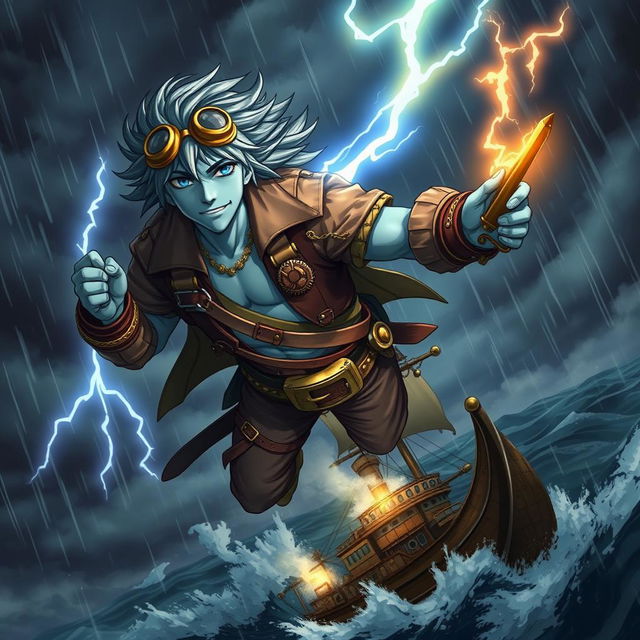 A male Air Genasi pirate with a steampunk aesthetic, soaring through a dramatic storm in the sky