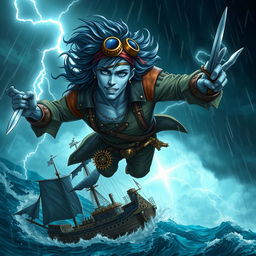 A male Air Genasi pirate with a steampunk aesthetic, soaring through a dramatic storm in the sky