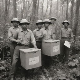 Viet Minh activists in a dense jungle, using ballot boxes as symbolic tools of resistance against French colonial forces, enhancing the historic sepia-toned atmosphere.