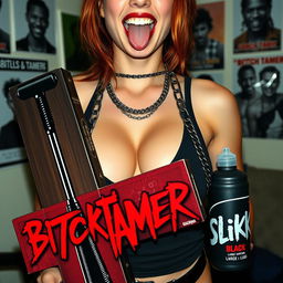 A close-up torso shot of a sexy female redhead wearing a tank top adorned with punk chains