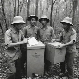 Viet Minh activists in a dense jungle, using ballot boxes as symbolic tools of resistance against French colonial forces, enhancing the historic sepia-toned atmosphere.