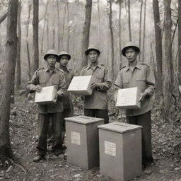 Viet Minh activists in a dense jungle, using ballot boxes as symbolic tools of resistance against French colonial forces, enhancing the historic sepia-toned atmosphere.