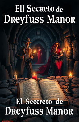 A dramatic cover for 'El Secreto de Dreyfuss Manor' by Boris Straton, featuring two Victorian detectives exploring a dark, eerie crypt of a ruined abbey