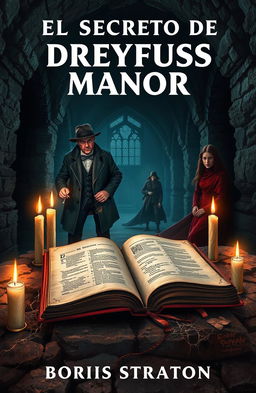 A dramatic cover for 'El Secreto de Dreyfuss Manor' by Boris Straton, featuring two Victorian detectives exploring a dark, eerie crypt of a ruined abbey