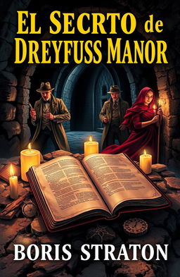 A dramatic cover for 'El Secreto de Dreyfuss Manor' by Boris Straton, featuring two Victorian detectives exploring a dark, eerie crypt of a ruined abbey