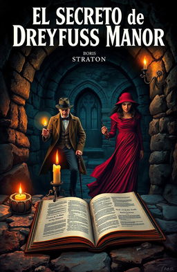 A dramatic cover for 'El Secreto de Dreyfuss Manor' by Boris Straton, featuring two Victorian detectives exploring a dark, eerie crypt of a ruined abbey