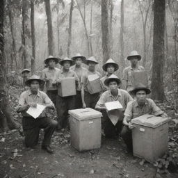 Viet Minh activists in a dense jungle, using ballot boxes as symbolic tools of resistance against French colonial forces, enhancing the historic sepia-toned atmosphere.