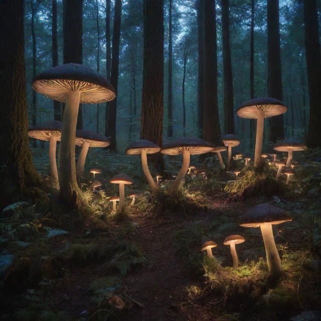 A mystical forest at twilight, lit by the soft glow of bioluminescent mushrooms and populated by rare, magical creatures.