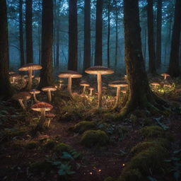 A mystical forest at twilight, lit by the soft glow of bioluminescent mushrooms and populated by rare, magical creatures.