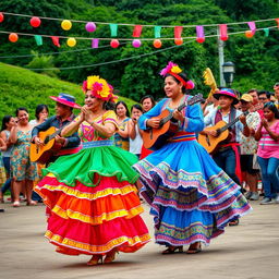 A vibrant and colorful celebration of criolla music, showcasing traditional elements like colorful costumes and lively instruments such as guitars and cajones