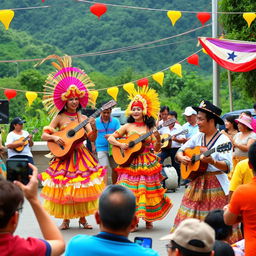 A vibrant and colorful celebration of criolla music, showcasing traditional elements like colorful costumes and lively instruments such as guitars and cajones