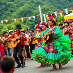 A vibrant and colorful celebration of criolla music, showcasing traditional elements like colorful costumes and lively instruments such as guitars and cajones