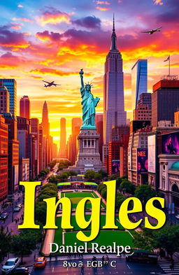 A vibrant and artistic depiction of New York City incorporating iconic elements such as the Statue of Liberty, skyscrapers, Central Park, and bustling streets