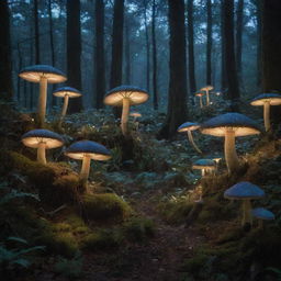 A mystical forest at twilight, lit by the soft glow of bioluminescent mushrooms and populated by rare, magical creatures.