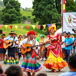 A vibrant and colorful celebration of criolla music, showcasing traditional elements like colorful costumes and lively instruments such as guitars and cajones