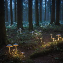 A mystical forest at twilight, lit by the soft glow of bioluminescent mushrooms and populated by rare, magical creatures.