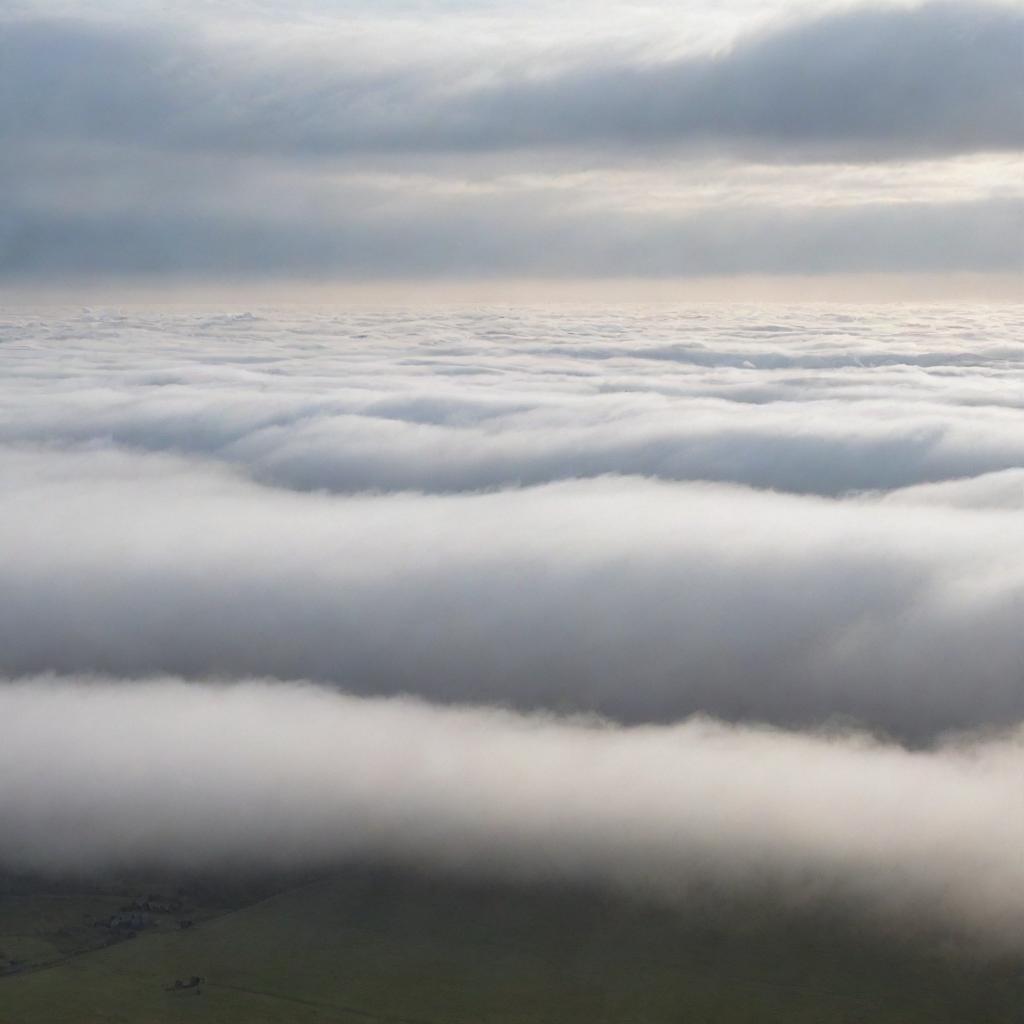 A vast, sprawling landscape disappearing into a misty horizon under a sky filled with soft, billowing clouds.