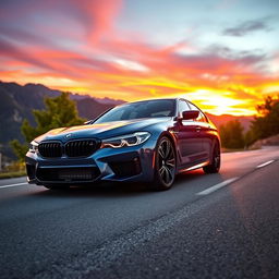 A stunning BMW M5 F90 parked on a scenic mountain road at sunset, showcasing its sleek and aggressive design with a shiny metallic blue paint job