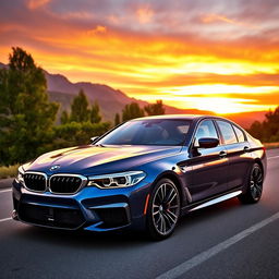 A stunning BMW M5 F90 parked on a scenic mountain road at sunset, showcasing its sleek and aggressive design with a shiny metallic blue paint job