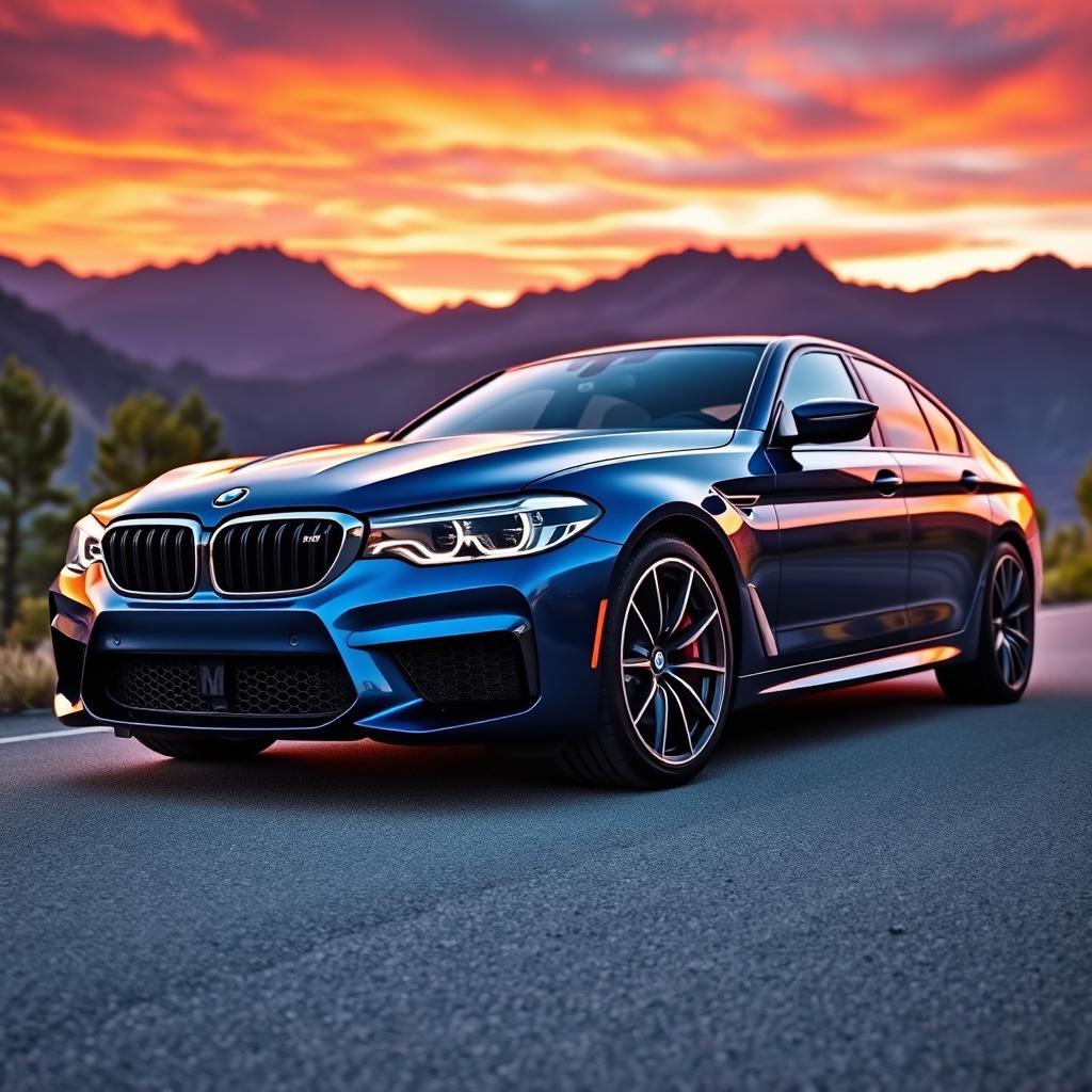 A stunning BMW M5 F90 parked on a scenic mountain road at sunset, showcasing its sleek and aggressive design with a shiny metallic blue paint job