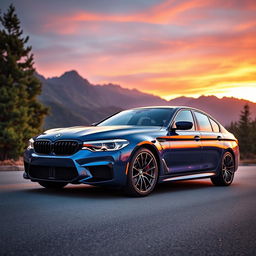 A stunning BMW M5 F90 parked on a scenic mountain road at sunset, showcasing its sleek and aggressive design with a shiny metallic blue paint job