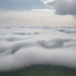 A vast, sprawling landscape disappearing into a misty horizon under a sky filled with soft, billowing clouds.