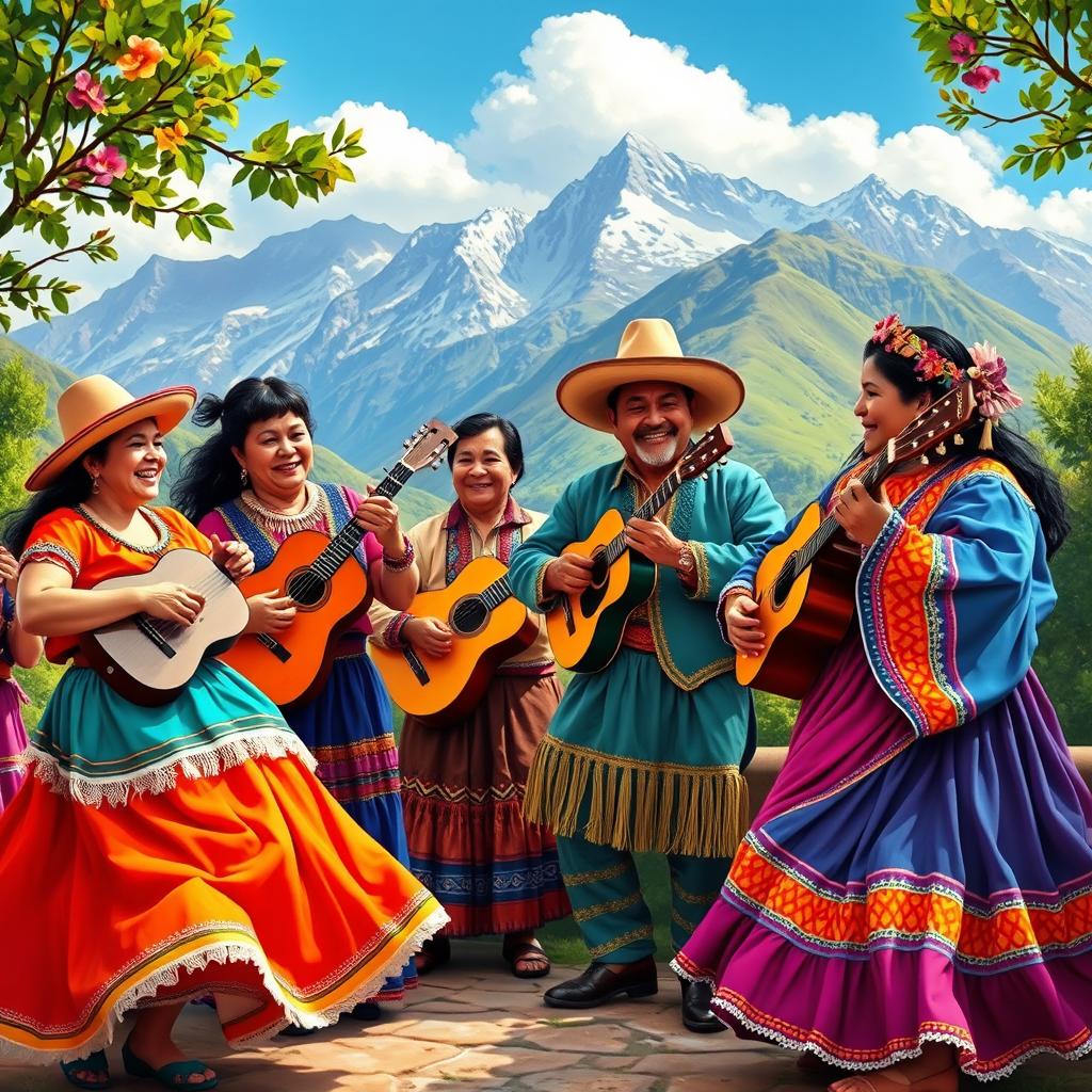 A vibrant and lively scene depicting a traditional soiree in the Andes, where musicians are passionately playing criolla music