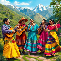 A vibrant and lively scene depicting a traditional soiree in the Andes, where musicians are passionately playing criolla music