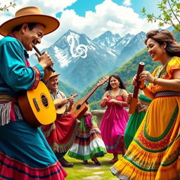 A vibrant and lively scene depicting a traditional soiree in the Andes, where musicians are passionately playing criolla music