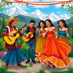 A vibrant and lively scene depicting a traditional soiree in the Andes, where musicians are passionately playing criolla music