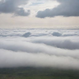 A vast, sprawling landscape disappearing into a misty horizon under a sky filled with soft, billowing clouds.