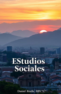 A panoramic view of Quito City showcasing its historical architecture surrounded by the Andes mountains, featuring a vibrant sunset in the background