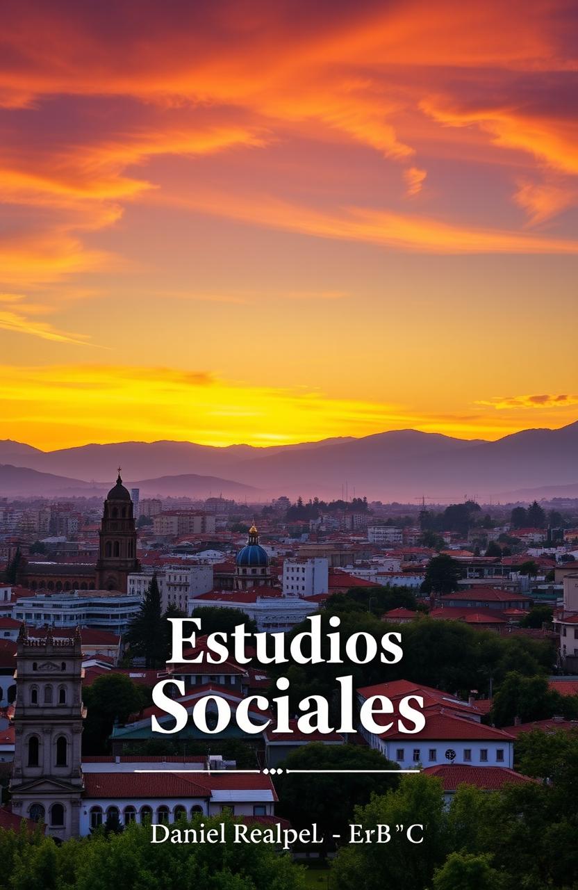 A panoramic view of Quito City showcasing its historical architecture surrounded by the Andes mountains, featuring a vibrant sunset in the background