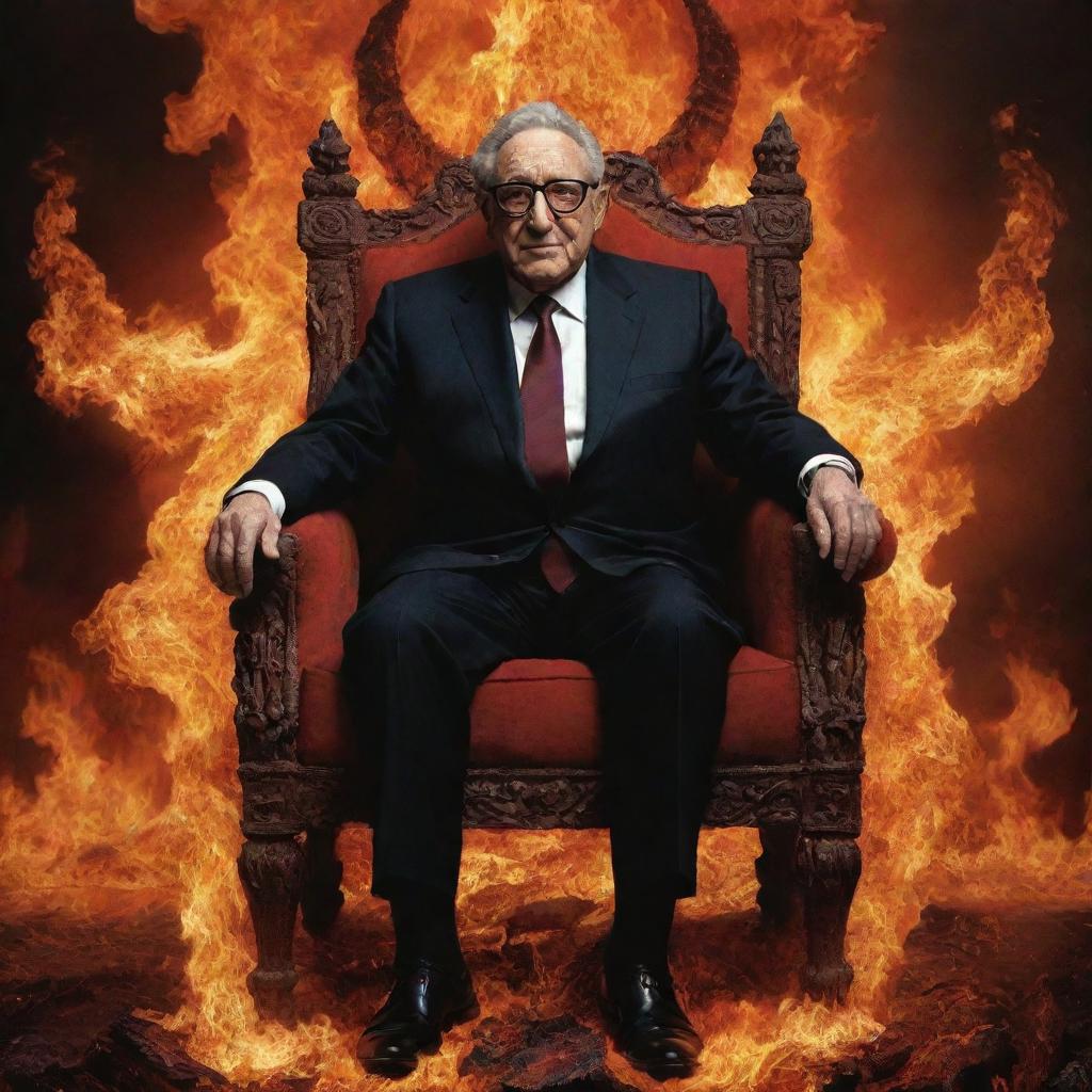 Henry Kissinger as a fearless figure, dramatically kicking a symbolic representation of Satan from a fiery throne in a surreal, Dante-esque depiction of Hell.