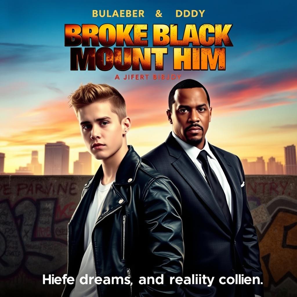 A movie poster for 'Broke Black Mount Him', featuring Justin Bieber and P Diddy in a dramatic, urban setting